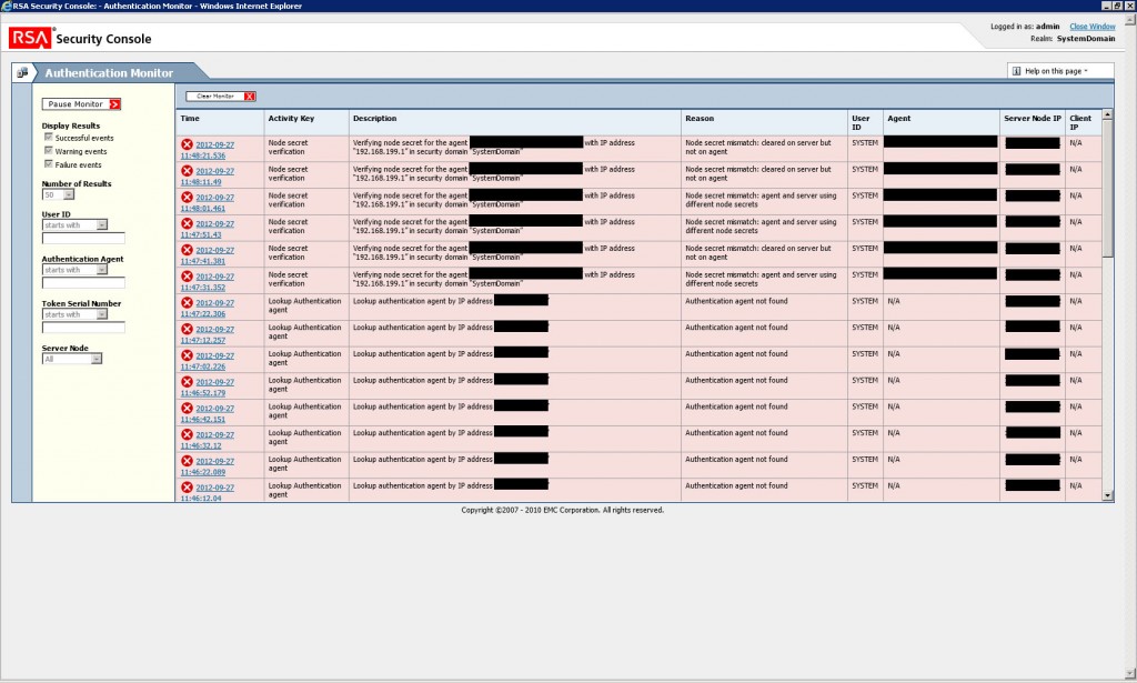 Screenshot from RSA Server: RSA Node secret mismatch